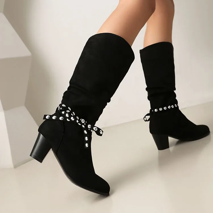 Women's Studded Round Toe High Heel Mid Calf Boots