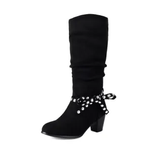 Women's Studded Round Toe High Heel Mid Calf Boots