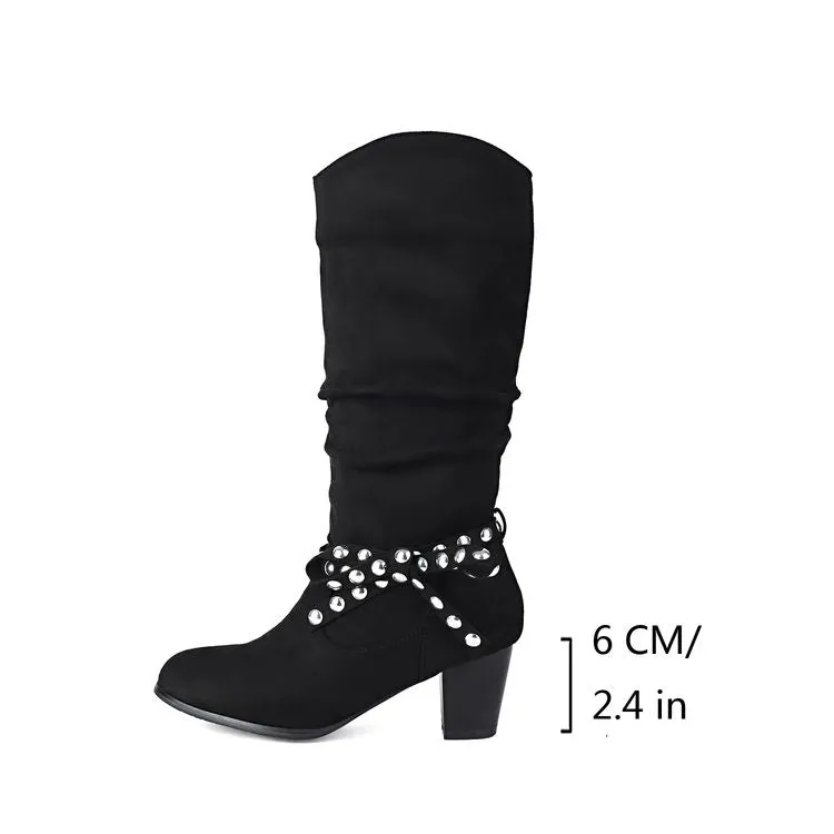 Women's Studded Round Toe High Heel Mid Calf Boots