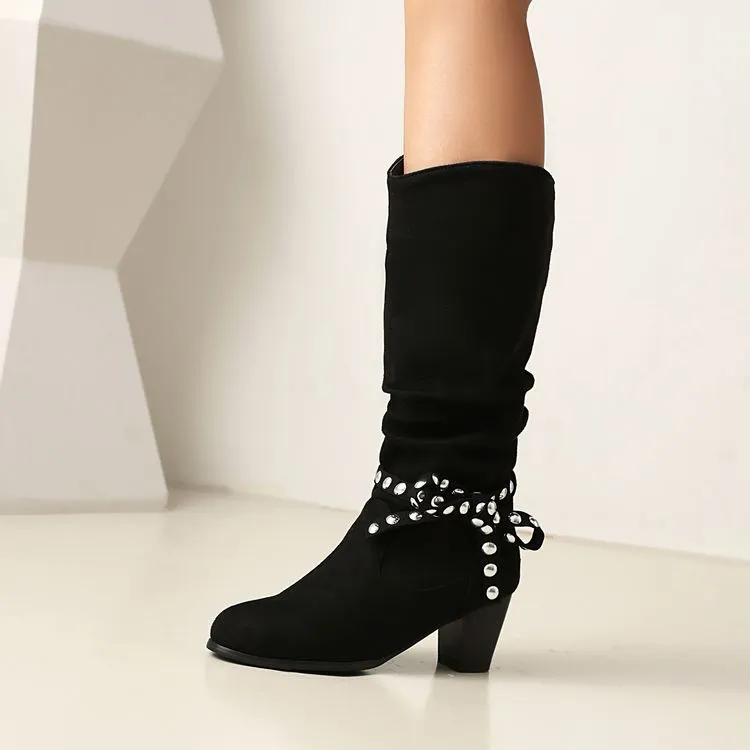 Women's Studded Round Toe High Heel Mid Calf Boots