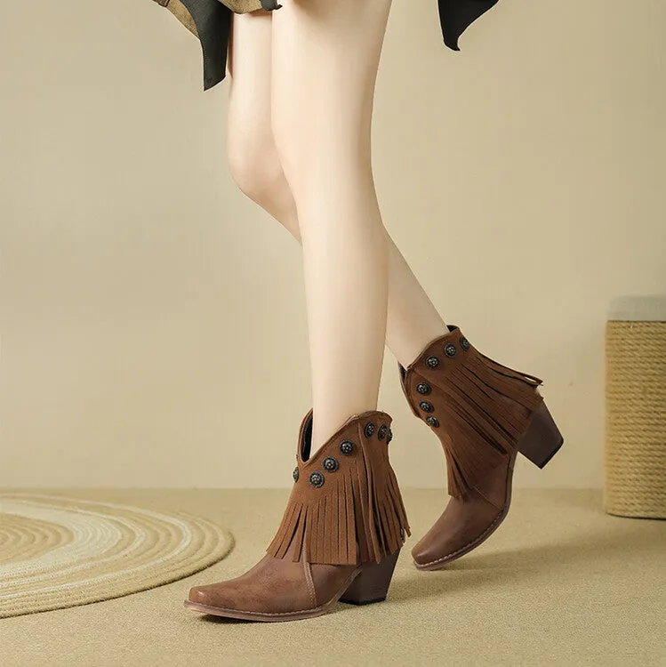 Women's Tassel Square Toe Block Heel Ankle Boots
