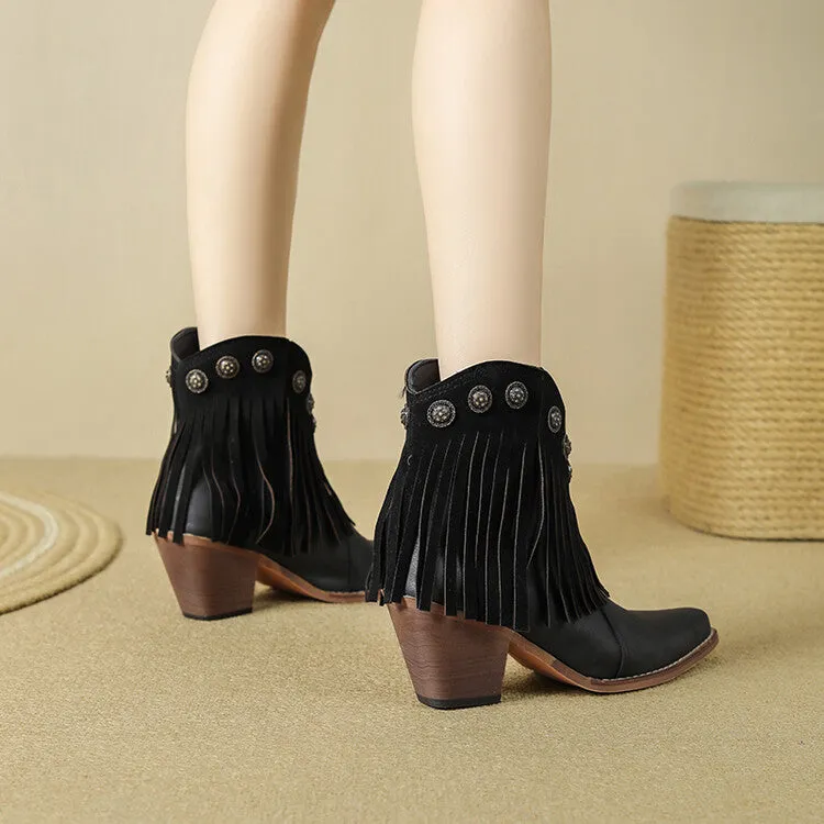 Women's Tassel Square Toe Block Heel Ankle Boots