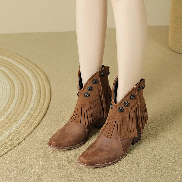 Women's Tassel Square Toe Block Heel Ankle Boots