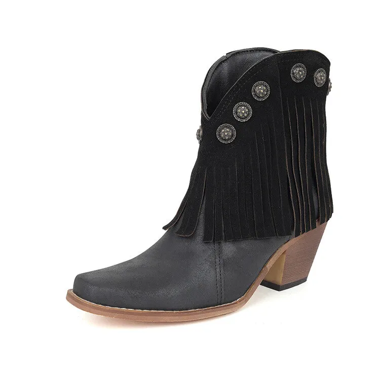 Women's Tassel Square Toe Block Heel Ankle Boots