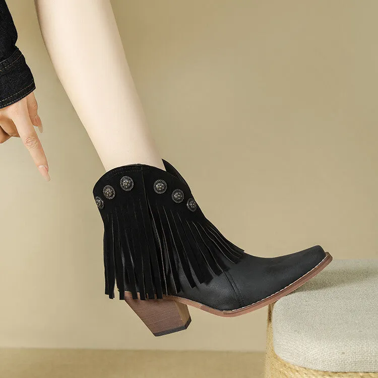 Women's Tassel Square Toe Block Heel Ankle Boots