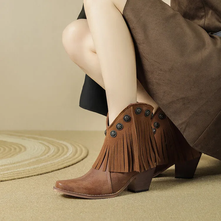 Women's Tassel Square Toe Block Heel Ankle Boots