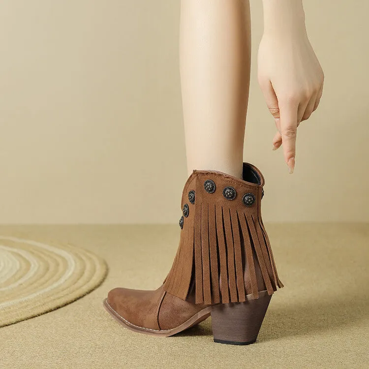 Women's Tassel Square Toe Block Heel Ankle Boots