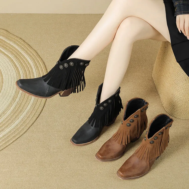 Women's Tassel Square Toe Block Heel Ankle Boots
