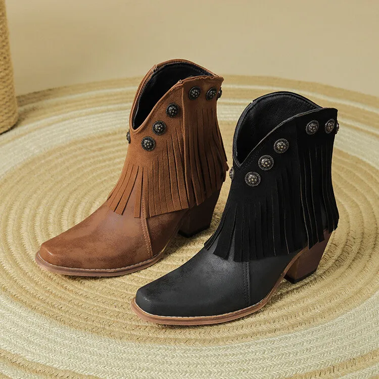 Women's Tassel Square Toe Block Heel Ankle Boots