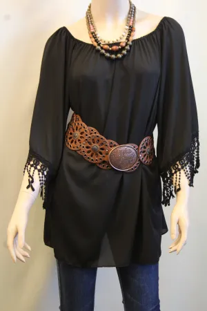 Yahada | Off The Shoulder Tunic with Crochet Fringe Black