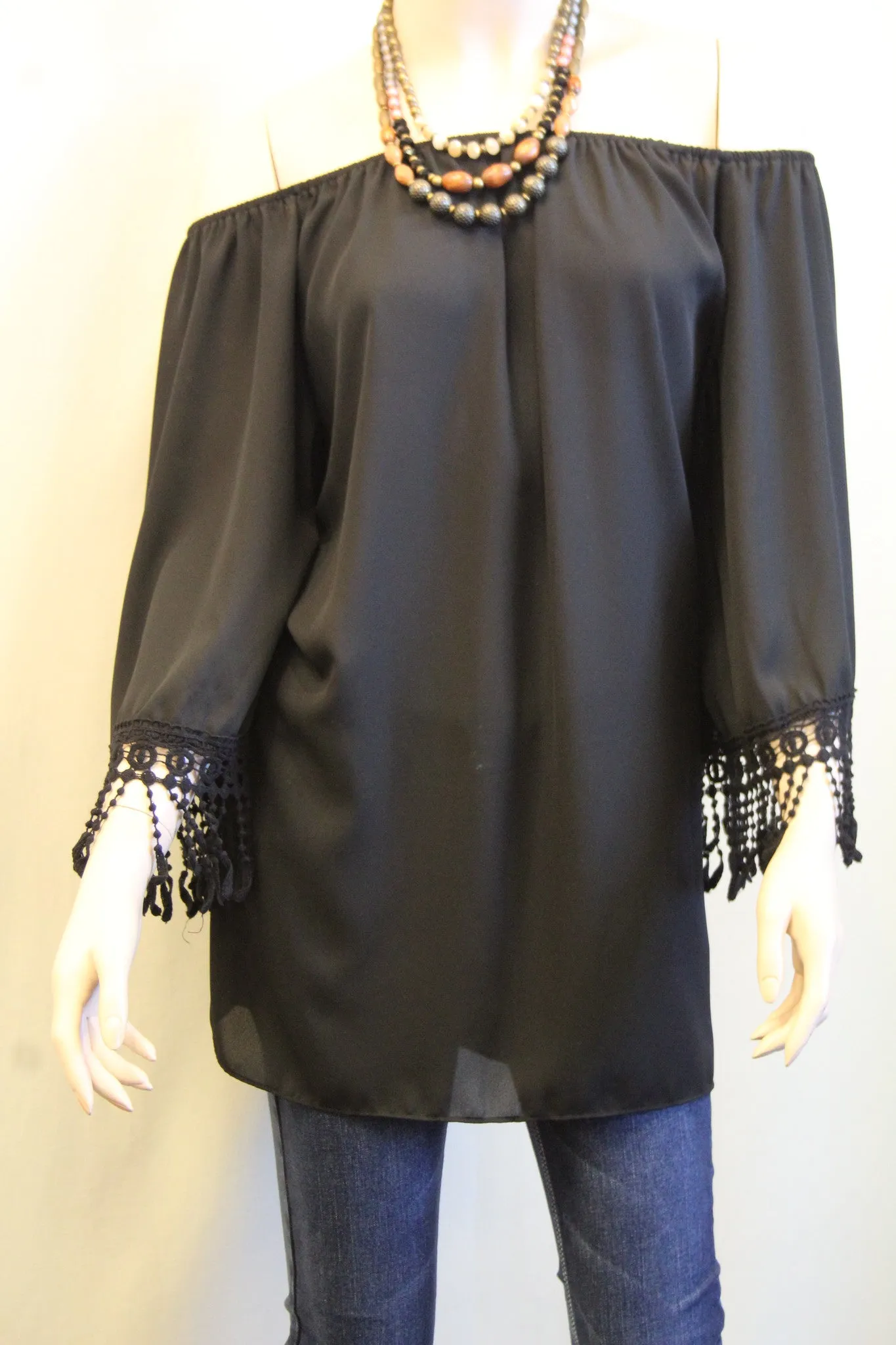 Yahada | Off The Shoulder Tunic with Crochet Fringe Black