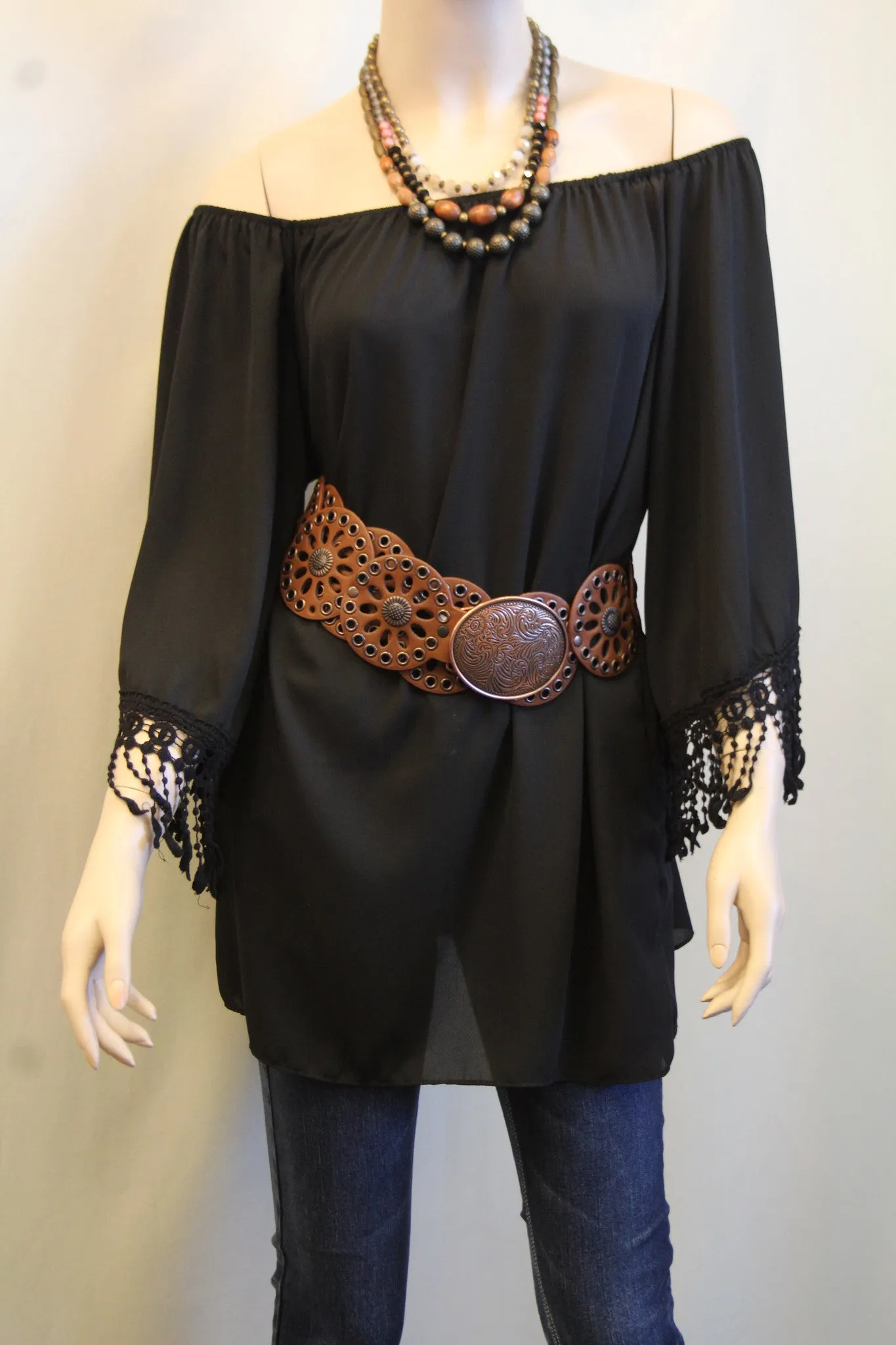 Yahada | Off The Shoulder Tunic with Crochet Fringe Black
