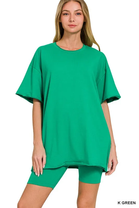 ZENANA Cotton Round Neck Top & Biker Shorts Set
