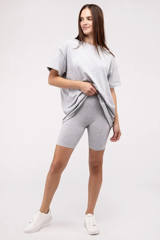 ZENANA Cotton Round Neck Top & Biker Shorts Set