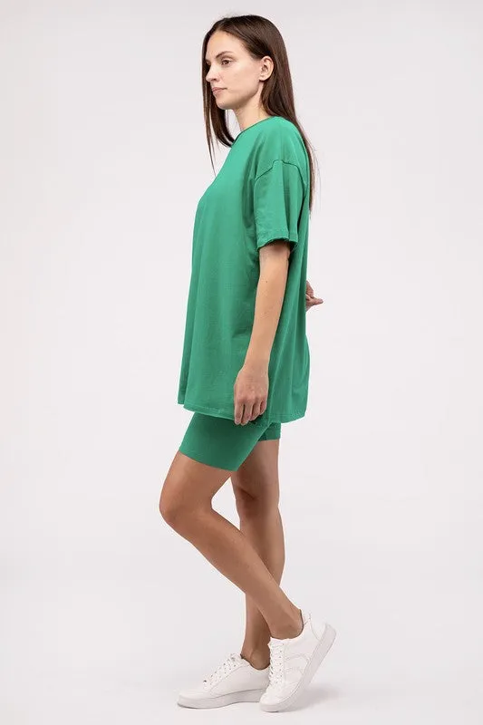 ZENANA Cotton Round Neck Top & Biker Shorts Set