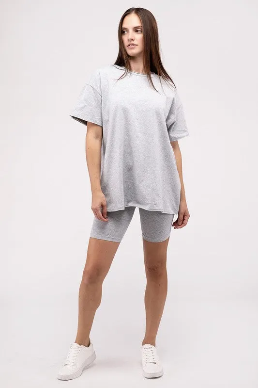 ZENANA Cotton Round Neck Top & Biker Shorts Set