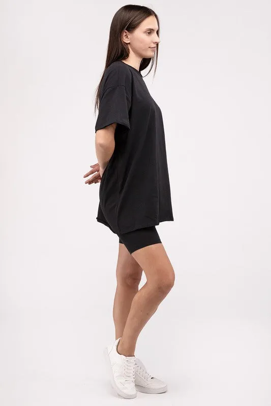 ZENANA Cotton Round Neck Top & Biker Shorts Set