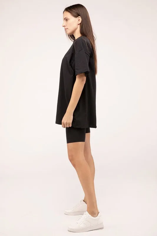 ZENANA Cotton Round Neck Top & Biker Shorts Set