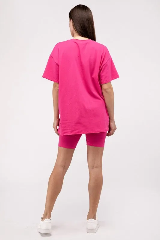 ZENANA Cotton Round Neck Top & Biker Shorts Set