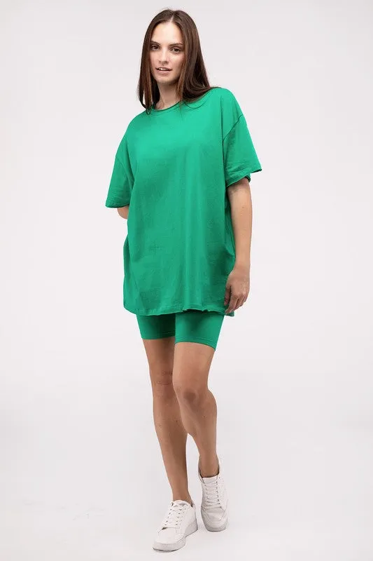 ZENANA Cotton Round Neck Top & Biker Shorts Set