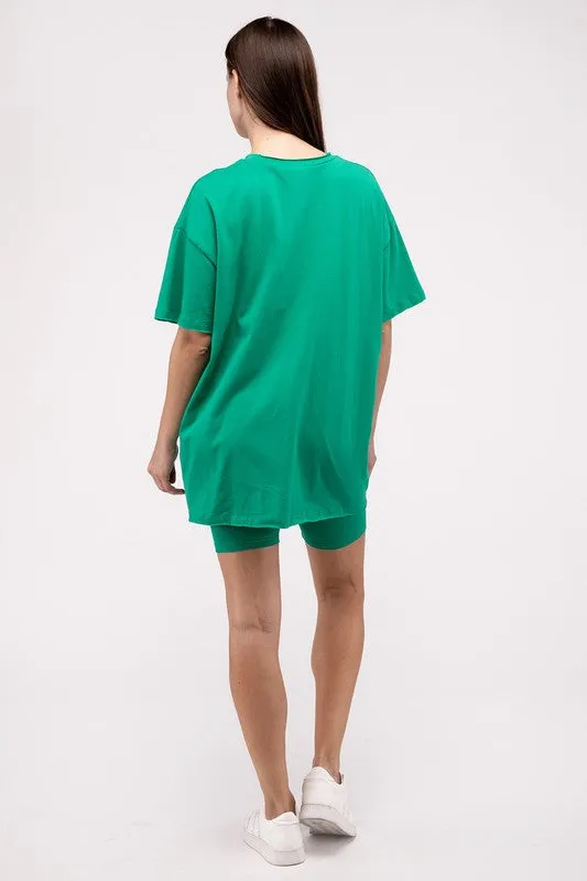 ZENANA Cotton Round Neck Top & Biker Shorts Set