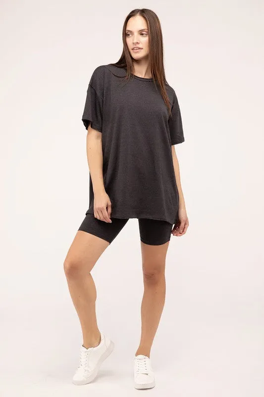 ZENANA Cotton Round Neck Top & Biker Shorts Set