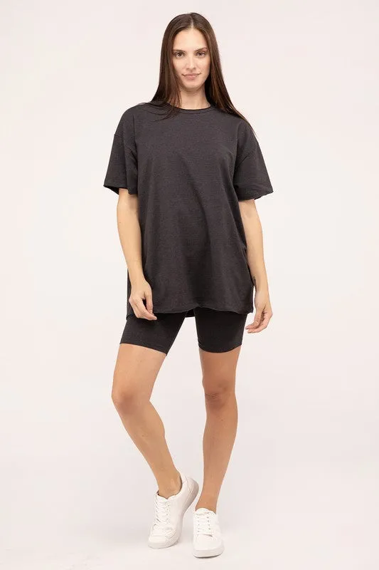 ZENANA Cotton Round Neck Top & Biker Shorts Set