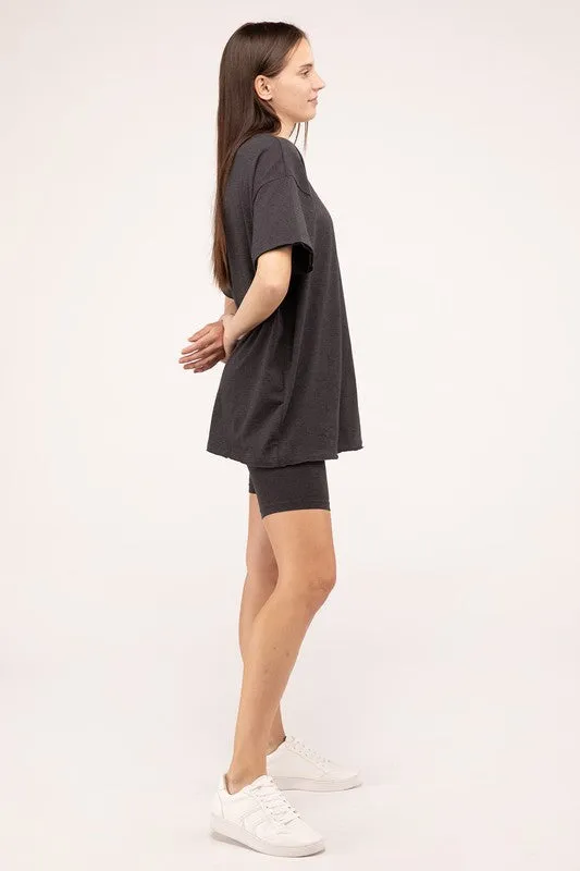 ZENANA Cotton Round Neck Top & Biker Shorts Set